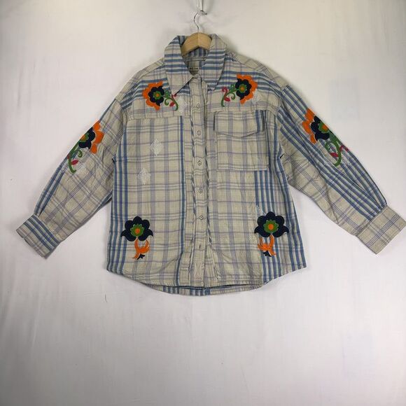 We The Free Tops - We The Free Blue Plaid Sashiko Flannel Shirt with Floral Embroidery M